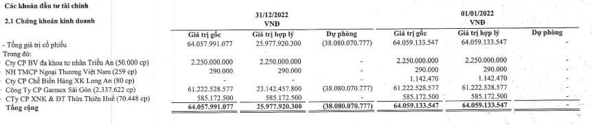 Danh mục đầu tư cổ phiếu của GIL tới 31/12/2022