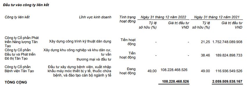 Tân Tạo giảm đầu tư vào công ty liên kết trong năm 2022 (Nguồn: BCTC).