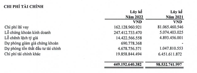 Chi phí tài chính của PET tăng đột biến trong năm 2022 do lỗ đầu tư chứng khoán (Nguồn: BCTC).