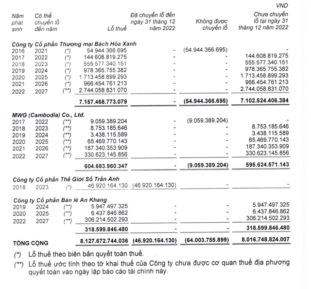 Hàng loạt Công ty con của MWG lỗ thuế luỹ kế 8.127,7 tỷ đồng tính tới 31/12/2022 (Nguồn: BCTC)