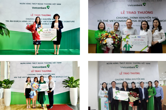 Đại diện Vietcombank trao tặng 4 giải thưởng của chương trình Bùng nổ FIFA World Cup cho chủ thẻ Vietcombank Visa hợp lệ.