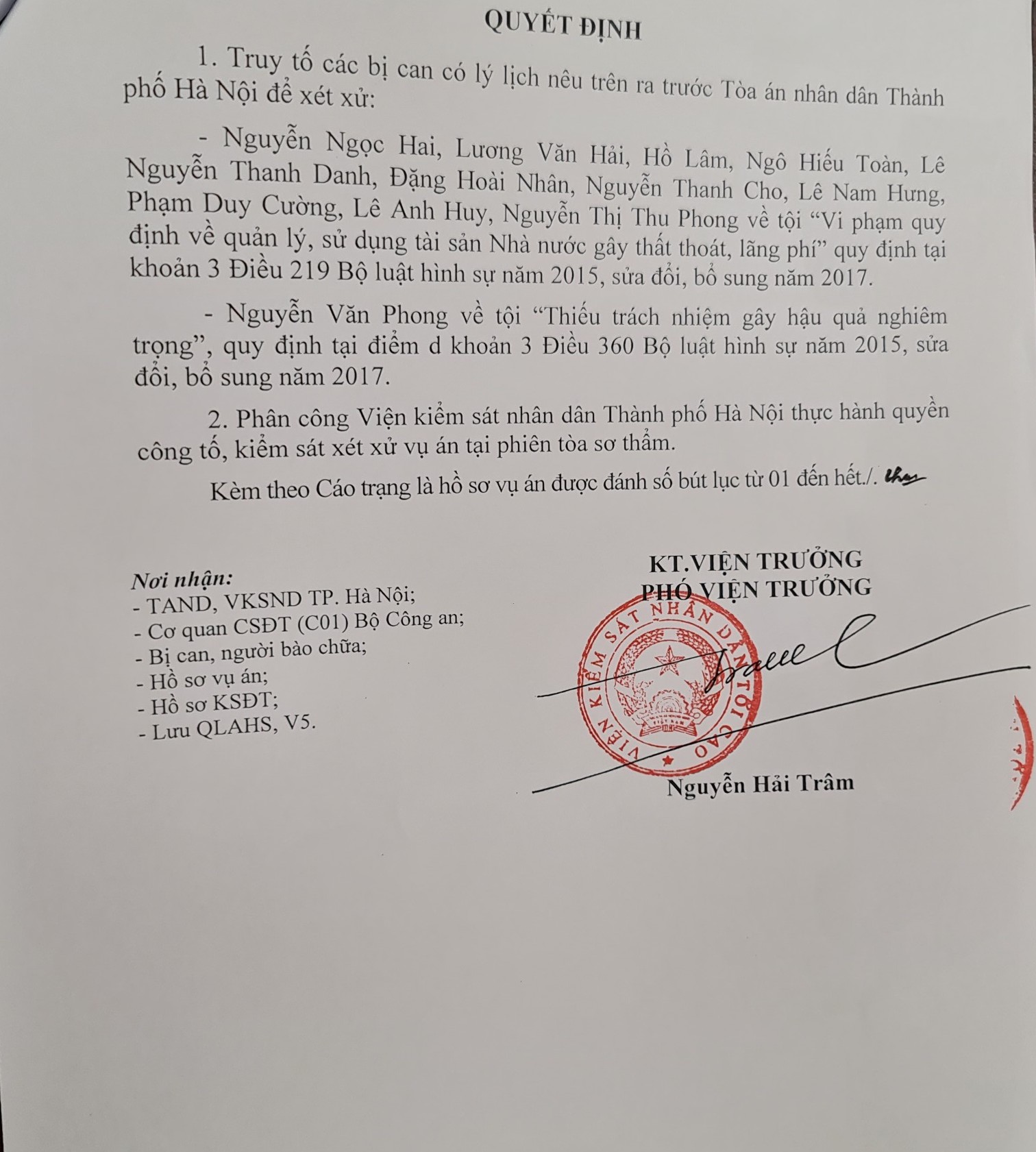 Cáo trạng số 1691 do Phó viện trưởng Viện Kiểm sát nhân dân tối cáo Nguyễn Hải Trâm ký ban hành và phân công Viện Kiểm sát nhân dân TP Hà Nội thực hiện quyền công tố, kiểm sát xét xử vụ án tại phiên tòa sơ thẩm.