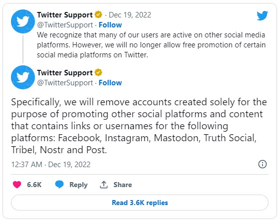 Thông tin được Twitter chia sẻ cùng các mạng xã hội trong danh sách chặn.