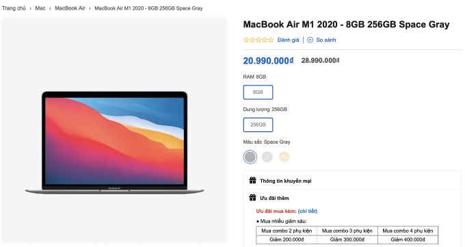 MacBook Air M1 được một hệ thống phân phối chính hãng Apple tại Việt Nam bán với giá 20,9 triệu đồng.